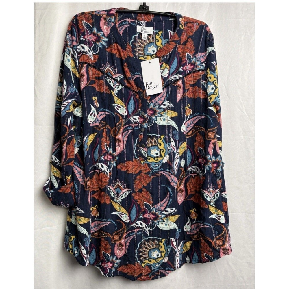 Kim Rogers Navy Multicolor Floral V-Neck Button 3/4 Sleeve Blouse Size S